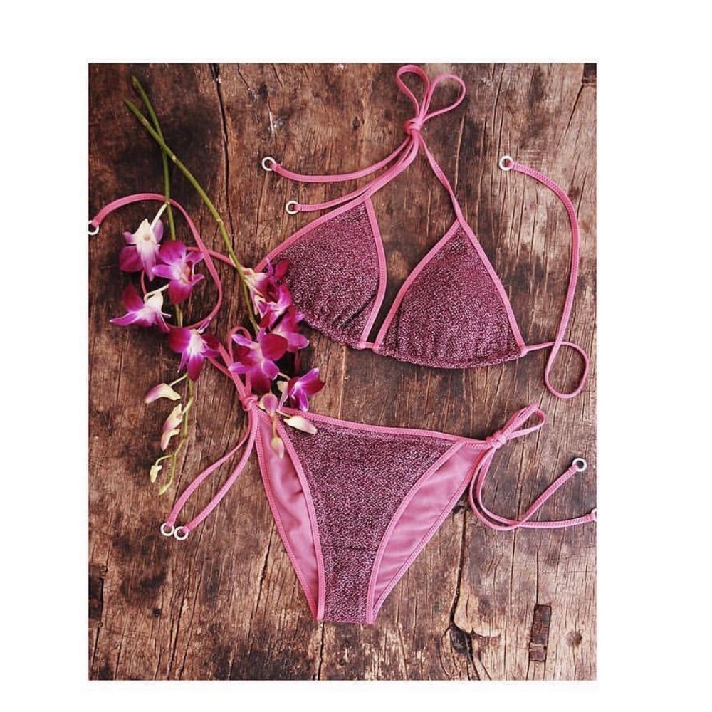 NEW HANNE BLOCH Small Pink glitter triangle bikini set with removable padding